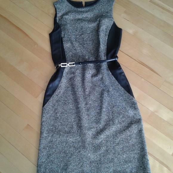 100% Wool Dress with Super Soft Black Leather Sz 6 Midi - Picture 3 of 7